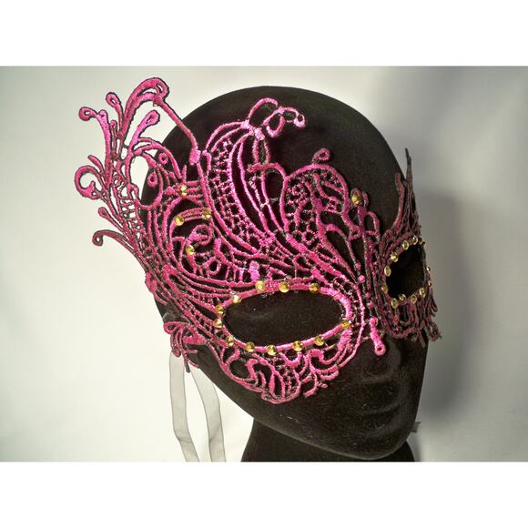 pink fuschia lace mask, bridal prom masquerade costume Halloween venetian mask - Picture 2 of 6